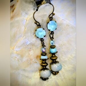 Victorian Rustic Sky Blue Crystals & Porcelain In Brass Earrings